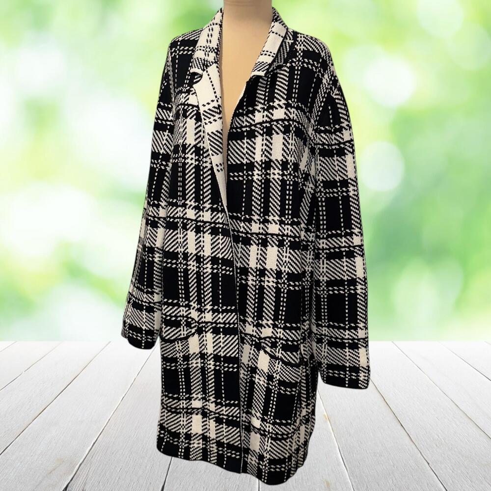 CHAPS Plaid Coatigan Sweater Knit Open Front Cardigan Pockets Black White Sz XL